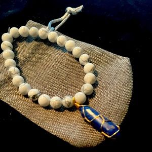 Hand beaded moonstone bracelet with lapis lazuli pyramid charm